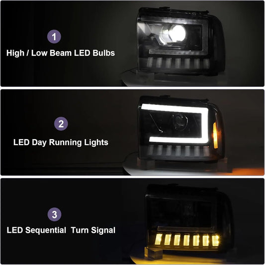 2005-2007 Ford Superduty/Excursion Headlight Set (LED Projector/Black Housing)
