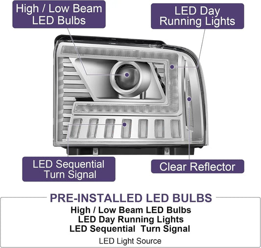 2005-2007 Ford Superduty/Excursion Headlight Set (LED Projector/Chrome Housing)