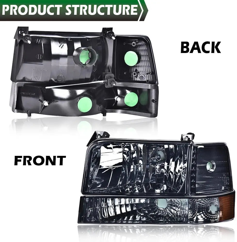1992-1997 Ford F150-F350/Bronco Headlight Set (Chrome Housing/Smoked Lens)