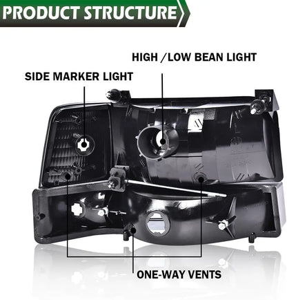 1992-1997 Ford F150-F350/Bronco Headlight Set (Chrome Housing/Smoked Lens)