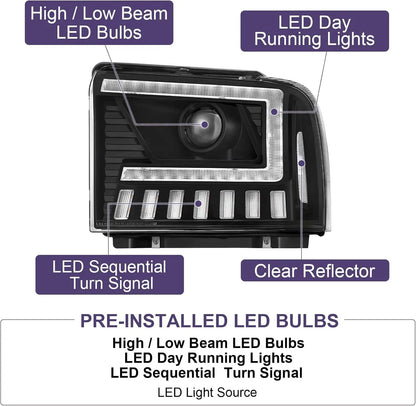 2005-2007 Ford Superduty/Excursion Headlight Set (LED Projector/Black Housing)