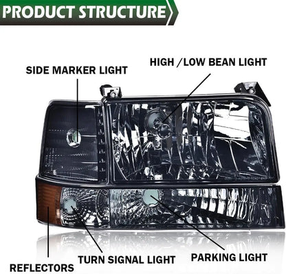 1992-1997 Ford F150-F350/Bronco Headlight Set (Chrome Housing/Smoked Lens)