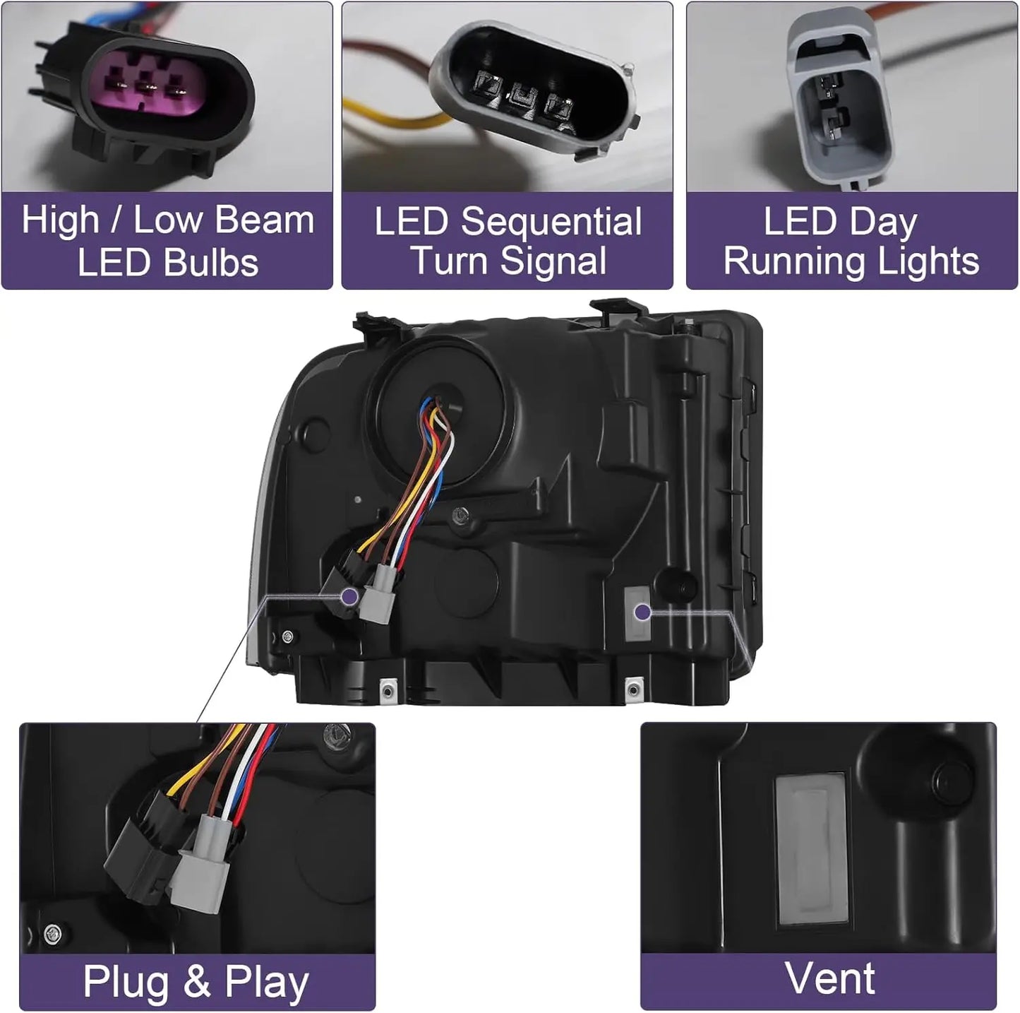2005-2007 Ford Superduty/Excursion Headlight Set (LED Projector/Black Housing)